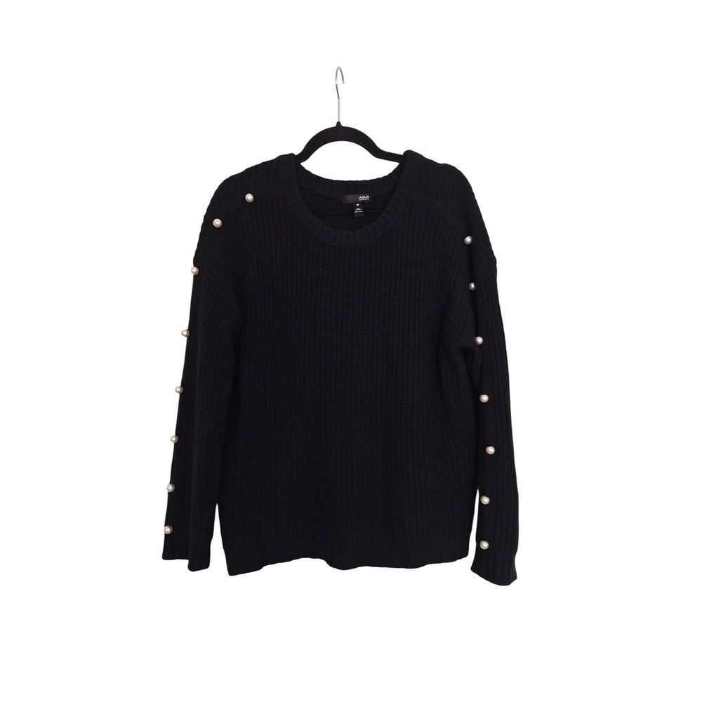 Aqua Cashmere Black 100% Cashmere Ribbed Pearl Embellished Sweater Large